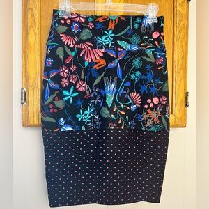 Lularoe Cassie Pencil Skirt, black floral & polka dot pattern block, women’s XS